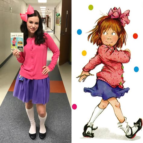 Junie B Jones book character costume! Junie B Jones Costume, Girl Book Characters, Childrens Book Character Costumes, Story Book Costumes, Kids Book Character Costumes, Storybook Character Costumes, Book Characters Dress Up, Junie B Jones, Childrens Book Characters