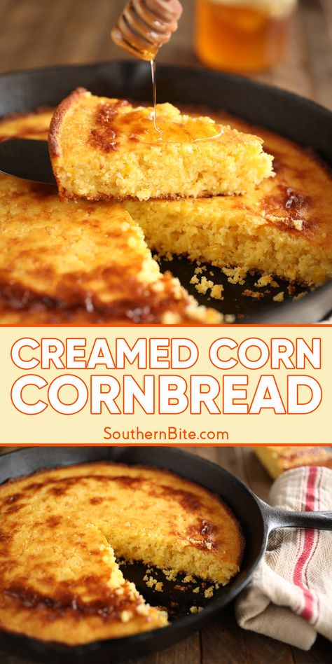 This Creamed Corn Cornbread recipe combines 6 simple ingredients to make a sweet, moist cornbread packed with cream-style corn for extra flavor. Dense Cornbread Recipe, Cream Corn Cornbread Recipe, Cornbread Ideas, Pioneer Woman Cornbread, Corn Cornbread, Creamed Corn Cornbread, Cornbread With Corn, Moist Cornbread, Creamed Corn Recipes