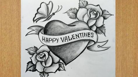 Easy Drawings Valentines Day, Easy To Draw Valentine Pictures, Drawing Ideas Easy Love Valentines Day, Valentines Day Sketches Pencil, Valentine's Day Sketch, Love Birds Drawing, Love Heart Drawing, Valentine Drawing, Romantic Drawing