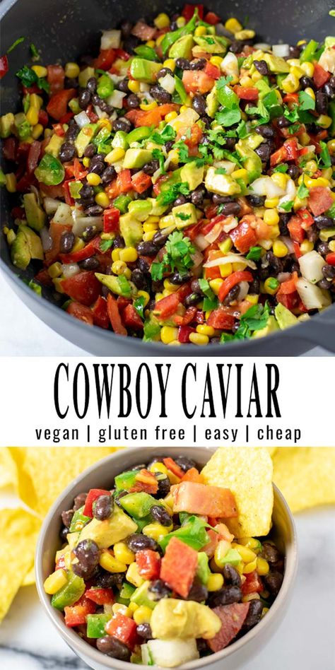 This Cowboy Caviar comes together in around 10 minutes and is made with black beans, corn, tomatoes, cilantro, bell pepper. All covered in a tasty homemade sauce. Great with tortilla chips and a family favorite with big flavor. #vegan #dairyfree #vegetarian #dinner #lunch #mealprep #budgetmeals #cowboycaviar #texascaviar #contentednesscooking Super Bowl Mexican Food Ideas, Gluten Free Cowboy Caviar, Easy Vegan Party Food For A Crowd, Easy Vegan Appetizers Simple, Cowboy Caviar Vegan, Gf Df Potluck Ideas, Easy Vegetarian Potluck Dishes, Meatless Party Food, Dairy Free Party Appetizers