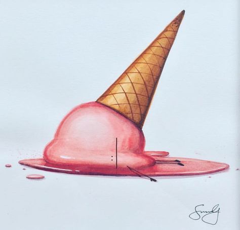 Dropped Ice Cream Drawing, Drawing Ideas Ice Cream, I’ve Cream Painting, Dripping Ice Cream Drawing, Melting Ice Cream Tattoo, I’ve Cream Drawing, Ice Cream Sketch Drawings, Something Melting Drawing, Melting Ice Cream Illustration