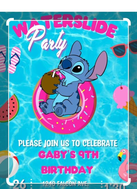 Pool Waterslide, Stitch Birthday Invitation, Summer Birthday Party Invitations, Pool Birthday Invitations, Pool Party Themes, Pool Party Birthday Invitations, Piñata Ideas, Show Da Luna, Pool Birthday