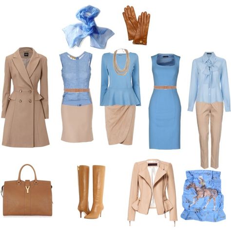 Blue and camel basics Navy Blue Pants Outfit Women Classy, Blue And Camel Outfit, Blue Matching Colors Outfit, Camel And Blue Outfit, Light Blue Outfits For Women, Blue And Khaki Outfit, Beige And Blue Outfit, Blue And Beige Outfit, Soft Blue Outfit