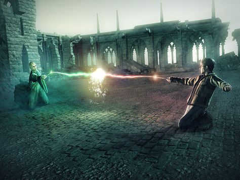 The Final Battle between Harry and Voldemort Hogwarts Final Battle, Harry Potter And Voldemort Battle, Harry Potter Final Battle, Lord Voldemort Wallpaper, Harry Potter Battle Of Hogwarts, Voldemort Wallpaper, Wizard Battle, Deathly Hallows Wallpaper, Harry Potter Vs Voldemort