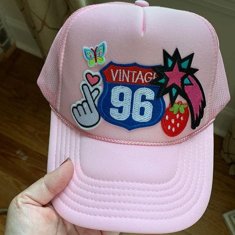 Pink Trucker Hat With Multi Patches. New With Tags. Vintage 96 Patch Hat With Butterfly, Shooting Star And Strawberry Patches. Otto Foam Front Trucker Hat All Orders Shipped 1-3 Business Days! Conditions: Like New/Clean Condition/Good Condition/No Holes/No Stains/No Pilling/No Fade Smoke Free And Pet Free Home! Patchwork Trucker Hat, Trucker Hat With Patch, Trucker Hat Designs With Patches, Patch Trucker Hat, Dylan Core, Gym Hat, Funny Trucker Hat, Pink Trucker Hat, Jeep Hair