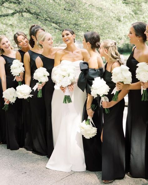 Black Bridesmaid Dress Mismatched, Black Satin Bridesmaid Dress, Black Tie Bridesmaids, Black And White Wedding Theme, White Wedding Theme, White Bridesmaid, Black Bridesmaids, Bridesmaid Gowns, Mismatched Bridesmaid Dresses