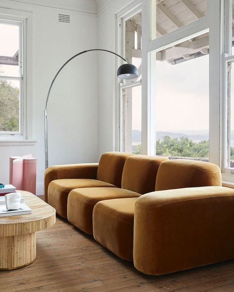 SARAH ELLISON on Instagram: “Muse modular in caramel velvet and Paloma Coffee table at home with @dinabroadhurst xx SE” Brown Living Room Couch, Muse Sofa, Conversation Couch, Dina Broadhurst, Warehouse Windows, Sarah Ellison, Brown Couch Living Room, 70s Interior, Coffee Room