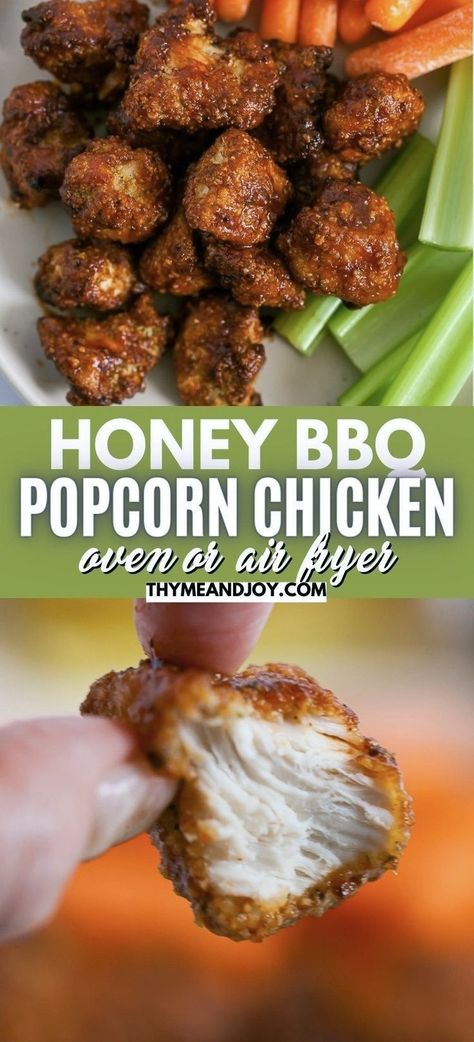 Skip Sonic, KFC, or even Applebee's and make your own honey BBQ popcorn chicken right at home! Tender pieces of chicken breast are coated in breadcrumbs and baked in the oven or air fried before tossing with your favorite honey barbeque sauce for a sweet and tangy way to enjoy a snack, appetizer, or a quick and easy main course paired with your favorite side dishes! Gluten free and keto options included! Oven Popcorn Chicken, Baked Honey Bbq Chicken Bites, Barbeque Chicken Crockpot, Boyfriend Recipes, Honey Bbq Chicken Bites, Chicken Bites Oven, Oven Baked Bbq Chicken Breast, Honey Barbeque Chicken, Oven Bbq Chicken Breast