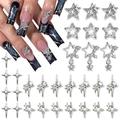 PRICES MAY VARY. 🌟Package Contain - You will get 30pcs star charms for nails with 6 Styles. Enough types and quantity to meet your nails daily design needs 🌟High Quality Material - These silver nails charms are made of alloy, real metal and not just metallic-coated, which is not easy to break or fade, you can use them for a long time 🌟Shiny Stars Design - These 3D nail star charms are composed of different small rhinestones around. Unique design keeps your nails shiny all the time when you us Nails With Star Charms, Nail Star, Nails Charms, Silver Nail Art, Nail Gems, Star Nail, Nail Charm, Star Nail Art, Silver Nail