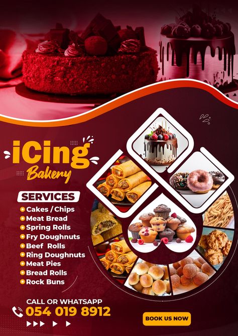 Design for Icing Bakery 💻🖱🖌💯 Advertising Background Design, Cake Flier Designs, Cakes Poster Design, Catering Graphic Design, Food Menu Flyer Design, Snacks Flyer Design, Business Flyers Designs, Cake Shop Banner Design, Catering Poster Design