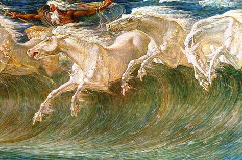 Walter Crane – Neptune’s Horses | Micheline's Blog Mythology Paintings, Picture Tiles, Walter Crane, Painting Ceramic Tiles, Earth Design, City Painting, Artist Blog, English Artists, Tile Murals