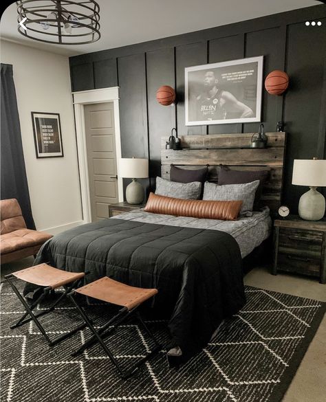 Boys Bedroom Brick Accent Wall, Tilted Walls Bedroom, Teen Boy Black Bedroom, Moody Teen Boy Bedroom, Mens Room Ideas Small Spaces, Boy Teen Room Ideas, Boys Bedroom Accent Wall, Gray And Black Bedroom Ideas, Teen Boys Room Ideas