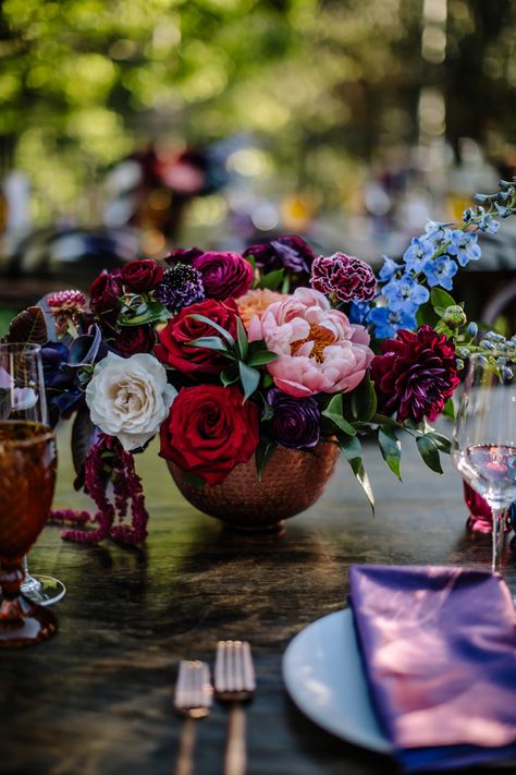 Lush jewel toned wedding centerpiece features peonies, roses, dahlias, and more for a Houdini Estate wedding reception by Winston and Main. Jewel Tone Vintage Wedding, Moody Jewel Tone Wedding Decor, Family Photos Jewel Tones, Jewel Tone Wedding Flowers Centerpieces, Jewel Toned Bouquet, Jewel Tone Floral Arrangements, Wedding Flowers Jewel Tones, Cheap Wedding Flower Ideas, Jewel Tone Wedding Decor