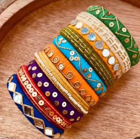 Cotton Thread Bangles, Homemade Bangles, Fabric Bangles, Hand Embroidered Jewelry, Silk Thread Bangles Design, Silk Bangles, Silk Thread Earrings, Bridal Jewelry Sets Brides, Thread Bangles Design