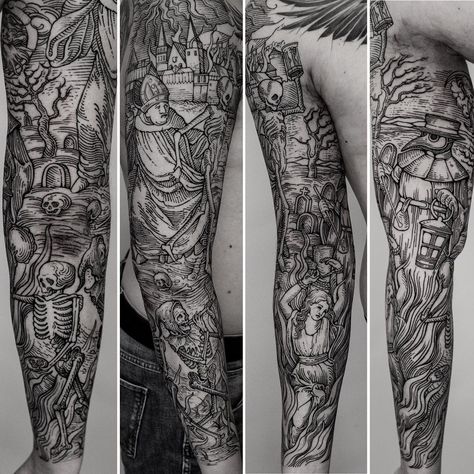 Woodcut Sleeve Tattoo, Gothic Cathedral Tattoo Sleeve, Etched Tattoo Style, Male Half Sleeve Tattoo Ideas, Futuristic Tattoo Design, Unique Sleeve Tattoos Men, Engraving Tattoo Sleeve, Cryptid Tattoo Sleeve, Medieval Sleeve Tattoo