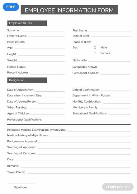 An employee information form template you can download for free. Create a professional-looking document that records important information of your company’s employees. This is easy to use and customize. Employee Guarantor Form, Employee Information Form, Employee Forms, Information Template, Employment Form, Prescription Pad, Bills Quotes, Data Form, Boardroom Chairs