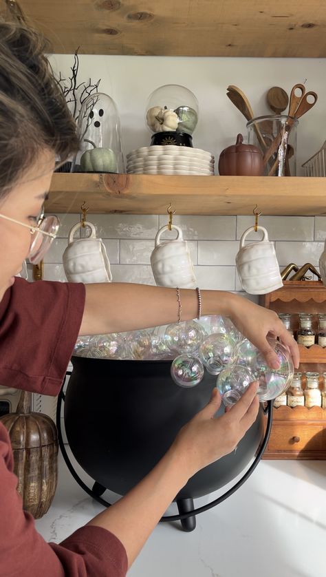 How to DIY a Bubbling Cauldron — The Kwendy Home Diy Halloween Bubbling Cauldron, Halloween Bell Jar Ideas, Halloween Cauldron With Bubbles, Diy Witches Cauldron With Bubbles And Lights, Diy Bubbly Cauldron, Diy Hanging Cauldron, Bubble Cauldron Craft, Diy Halloween Calderon, Spooky Cauldron Diy