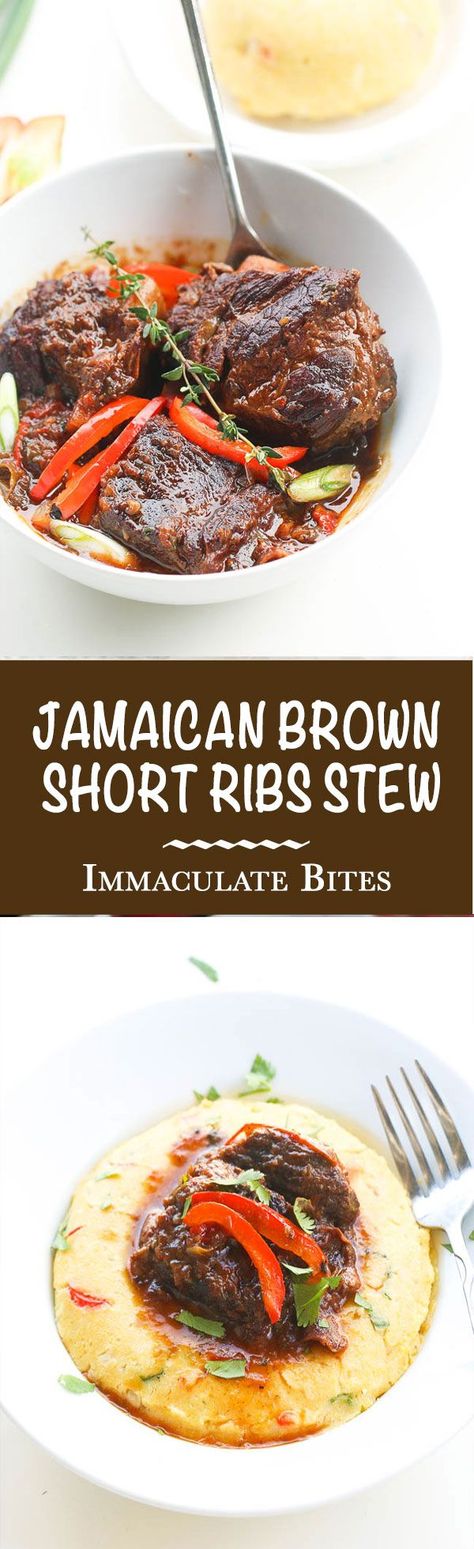 Jamaican Brown Beef Short Ribs Stew- You only need 10 minutes prep to make this rich, fragrant, braised short ribs stew and its fall off the bone delicious! If you want something that is bad to the bone, finger licking good, insanely delicious, impossible to mess up, with very little prep then this is it!!! … Beef Short Ribs Stew, Short Ribs Stew, Gorgonzola Steak, Short Rib Beef Stew, Short Rib Stew, Caribbean Dishes, Stew Beef, Carribean Food, Jamaican Dishes