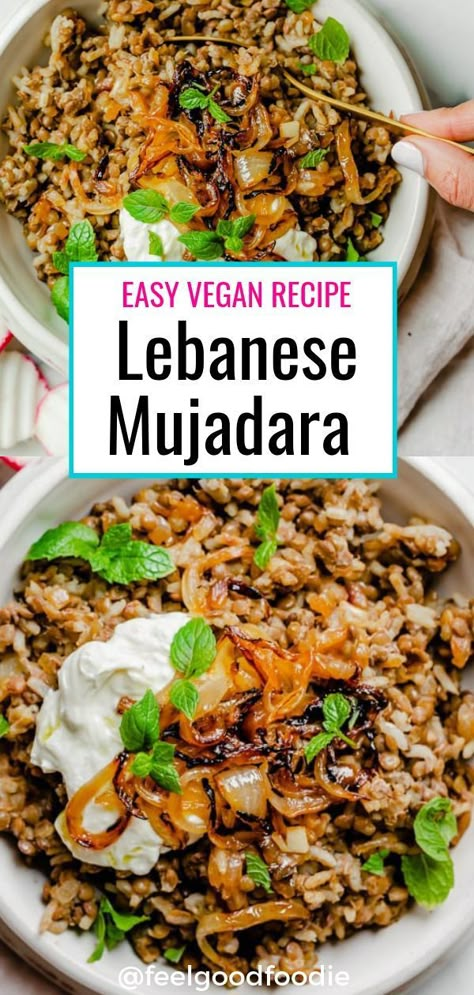 Mujadara is a traditional Middle Eastern recipe that's made with three ingredients: lentils, rice and onions. It's inexpensive to make, delicious & nutritious | Lebanese Food | Arabic recipes | Vegan | Vegetarian | #mujadara #lebanesefood #arabicfood #simplerecipes #dinnerideas Lebanese Lentils And Rice Recipe, Lebanese Lentils And Rice, Food Arabic, Middle Eastern Recipes Arabic Food, Mujadara Recipe, Eastern Recipe, Arabisk Mad, Lentils Rice, Middle East Recipes