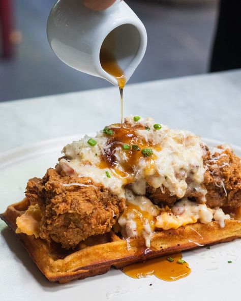 Chicken And Waffles Plating, Waffle Chicken, Doughnut Burger, Fried Chicken Waffles, Bacon Cheese Fries, Waffle Pops, Chocolate Covered Cheesecake, Grub Hub, Waffle Bowl