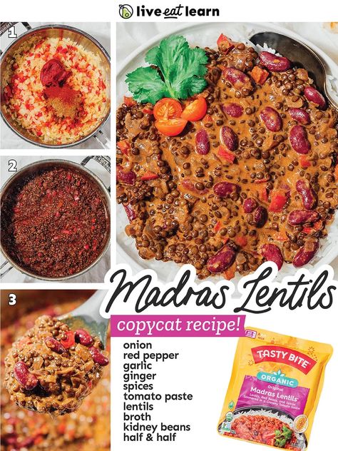 With hearty lentils, kidney beans, and a crazy good creamy tomato sauce, this Madras Lentils recipe is the perfect weeknight dinner or meal prep main! Inspired by the Tasty Bite lentil pouches, this recipe is incredibly easy, nourishing, and so delicious. Meditteranean Meals, Madras Lentils Recipe, Menstrual Food, Protein Hacks, Lentil Casserole, Lentils Recipe, Meatless Mains, Spiced Lentils, Indian Foods