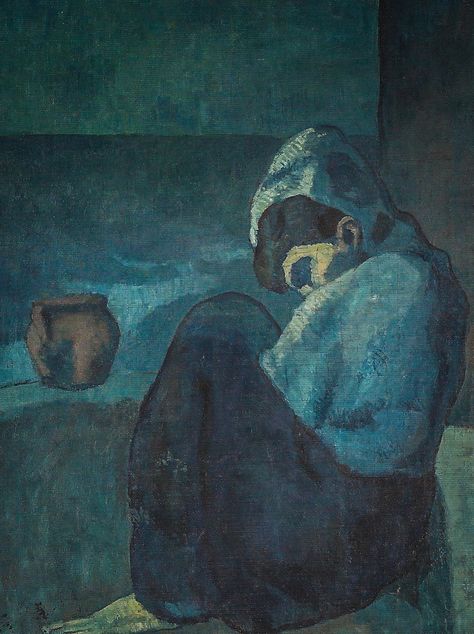 Pablo Picasso - Seated Woman with Hood, 1902 at Staatsgalerie - Stuttgart Germany Crouching Woman, Picasso Blue Period, Picasso Artwork, Picasso Portraits, Picasso Blue, Pablo Picasso Art, Pablo Picasso Paintings, Galleria D'arte, Art Periods