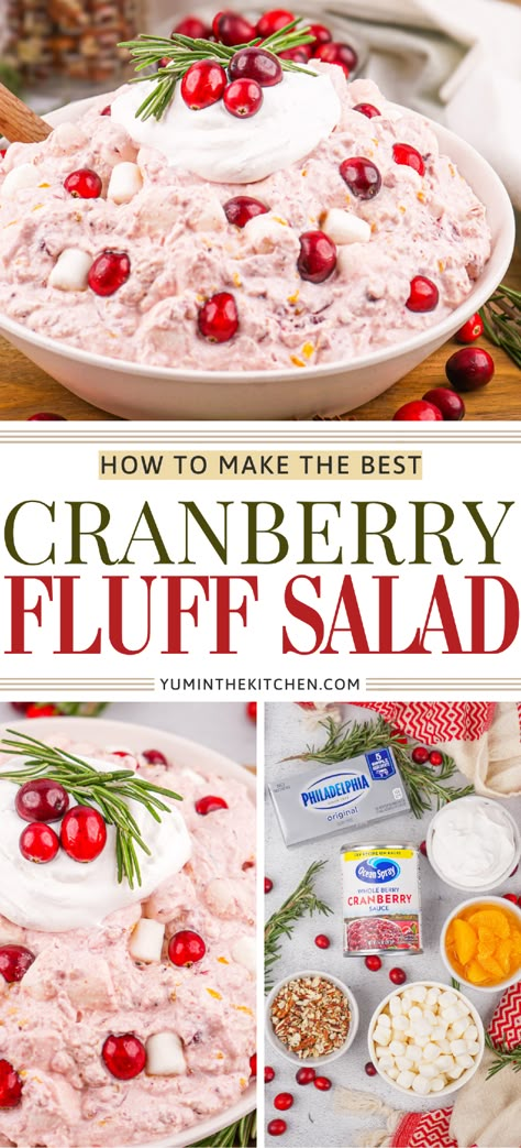 This Creamy Cranberry Fluff Salad is a must-try dessert for Christmas and Thanksgiving! Made with canned cranberries, whipped cream, and marshmallows, it’s an easy and delicious way to add a festive touch to your holiday table. This sweet, fluffy salad is a holiday favorite! This easy jello dessert recipe is perfect for Holiday parties and get togethers. Thanksgiving Jello Salad, Fluffy Salad, Cranberry Fluff Salad, Thanksgiving Fruit Salad, Christmas Fruit Salad, Holiday Dessert Ideas, Thanksgiving Cranberry, Cranberry Jello Salad, Dessert For Christmas