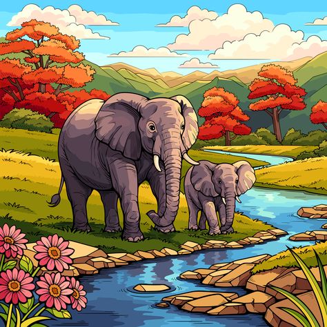 Elephant Clip Art, Nature Canvas Painting, Prismacolor Art, Illustration Art Kids, Nature Art Drawings, Easy Cartoon Drawings, Jungle Art, Pen Art Drawings, Farm Art