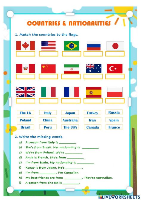 Countries And Languages, Countries Nationalities And Languages, Countries Activities For Kids, Nationality Worksheet, Countries And Nationalities Worksheet, Country Worksheet, Country Activities, Country And Nationality, Reading Comprehension For Kids