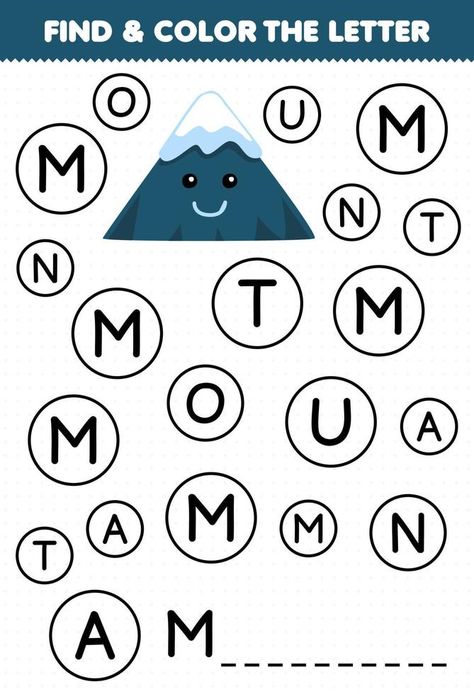 M Is For Mountain, Nature Worksheet, Find And Color, Mountain Crafts, Mountain Printable, M&m Game, Game For Children, Learn English Grammar, Alphabet For Kids