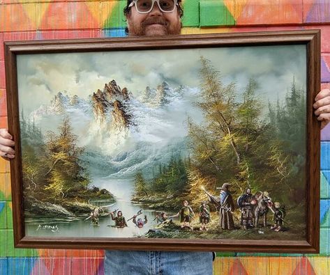 Thrift Store Art, Farm Paintings, Lotr Art, Art Parody, Upcycled Art, Old Paintings, Vintage Landscape, Traditional Paintings, Christmas Paintings