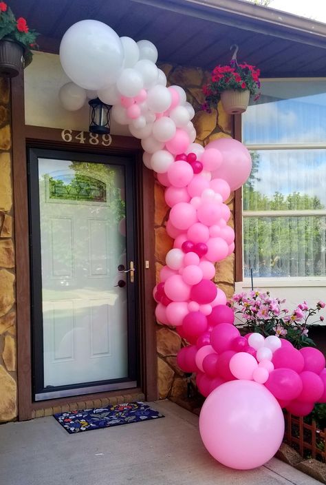 Door styling #balloon #pinkballoons #doordecorations #balloongarland #frontdoorballoons Balloon Tower, 1st Birthday Girl Decorations, Opening Car, Entry Gates, Pink Balloons, Retirement Parties, Door Styles, 1st Birthday Girls, Grand Opening