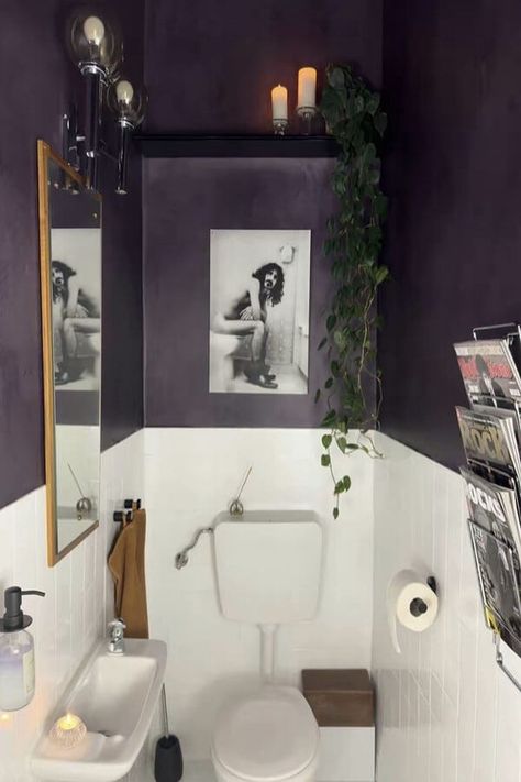 purple-bathroom-color-idea Purple Bathroom Wall, Purple Downstairs Toilet, Purple Paint Bathroom, Purple Bathroom Ideas Decor Small Spaces, Purple Green Bathroom, Small Half Bathroom Paint Ideas, Deep Purple Bathroom, Purple And Green Bathroom, Purple Toilet