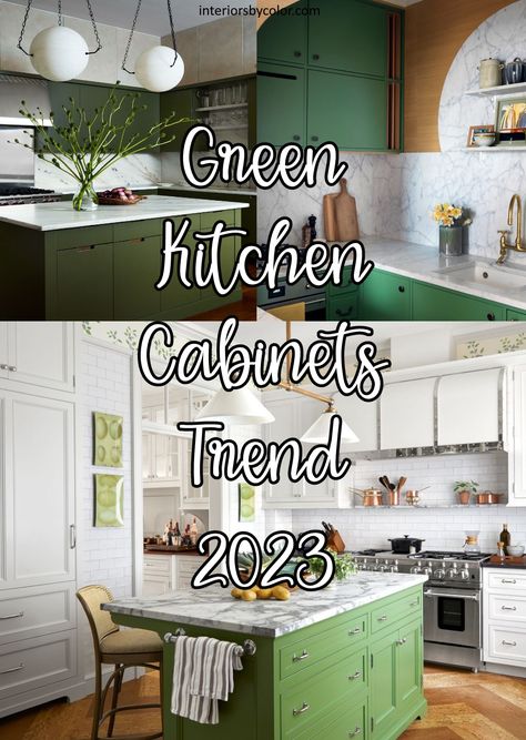 Heritage Green Kitchen Cabinets, Green Islands In Kitchen, Green Island Kitchen, Kelly Green Kitchen, Traditional Modern Kitchen, Stained Wood Cabinets, Mint Green Kitchen, Green Kitchen Island, Green Appliances