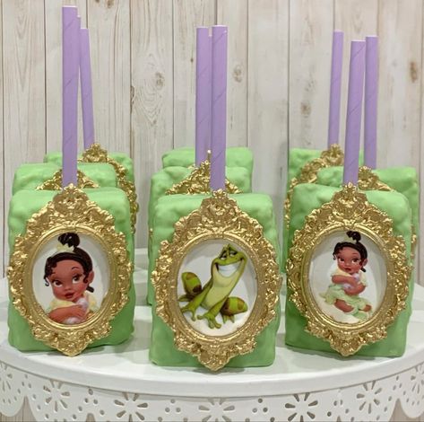 Princess And The Frog Gender Reveal Ideas, Princess In The Frog Birthday Party, Princess And The Frog Rice Crispy Treats, Princess And The Frog Dessert Table, Princess And The Frog Tea Party, Princess Tiana Dessert Table, Princess And The Frog 18th Birthday, Princess Tiana 1st Birthday Party Ideas, Princess And The Frog Treat Table