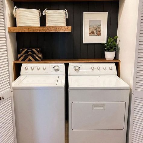 Laundry Room Shelf Over Washer And Dryer, Top Load Washing Machine Area Ideas, Shelves Over Washer And Dryer, Shelves Above Washer And Dryer, Laundry Room With Top Loader Ideas, Countertop Over Washer And Dryer, Top Load Washer Laundry Room, Washer And Dryer Countertop, Black And White Laundry Room