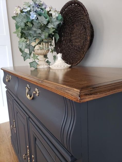 Walnut stain on top, painted with 60%Ash and 40%Midnight Blue. Furniture Makeover Navy Blue, Revamped Furniture, Midnight Blue Furniture, Navy Blue Refinished Furniture, Navy Refinished Mcm Cabinet, Fusion Midnight Blue Painted Furniture, Fusion Paint Furniture, Navy Blue Distressed Dresser, Blue Painted Furniture