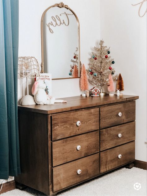 Christmas Dresser Decor Bedroom, Kids Dresser Decor, Girls Dresser Decor, Kids Christmas Bedroom Target, Above Dresser Decor, Toddler Christmas Decorations, Christmas Tree Girls Room, Clara Dresser Pottery Barn, Baby Room Dresser Pottery Barn Kids