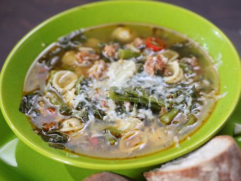 Sausage and Broccoli Rabe Stoup recipe from Rachael Ray via Food Network Sausage And Broccoli Rabe, Broccoli Rabe And Sausage, Veal Meatballs, Sausage And Broccoli, Cooking Channel Recipes, Pasta Cheese, Monthly Menu, Rachael Ray Recipes, Italian Sausage Recipes