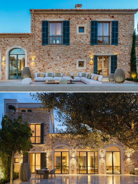 Mallorca House Interior, Contemporary Stone House, Mediterranean Stone House, Mallorcan Villa, Mediterranean Villa Exterior, House In Spain, Modern Mediterranean Home, Stone Villa, Spain House