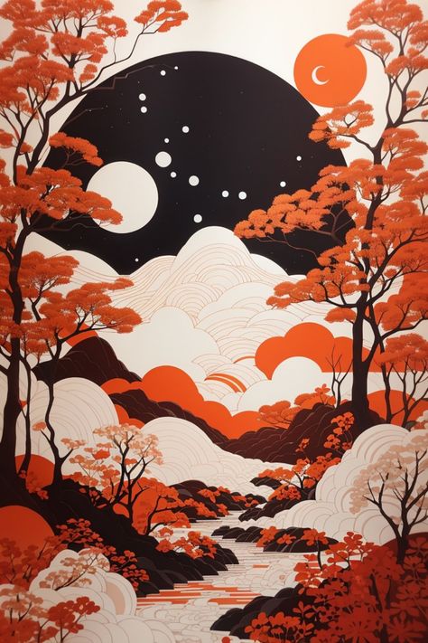 Create a cool Japanese Design of orange white dark red with trees and The Moon. #Japanese #Design #Moon #orange #Art #trees Japanese Halloween Wallpaper, Orange Japanese Aesthetic, Red Japanese Aesthetic, Asia Aesthetic, Moon Japanese, Moon Orange, Keyboard Caps, Japanese Forest, Japanese Style House