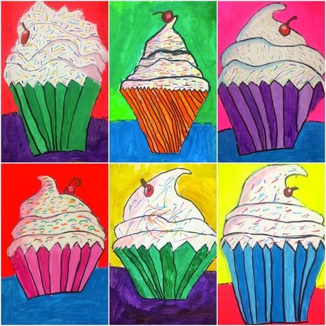 4th Grade Wayne Thiebaud Cupcakes Elementary Art Lessons, 2nd Grade Art, Wayne Thiebaud, 4th Grade Art, 5th Grade Art, 3rd Grade Art, Sisters Art, Art Lessons For Kids, Art And Craft Videos