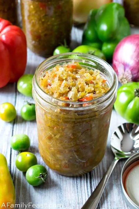 Green Tomato Relish - A Family Feast® Sweet Green Tomato Relish Recipe, Green Tomato Relish Recipe, Green Tomato Sauce, Tomato Relish Recipe, Canning Green Tomatoes, Green Tomato Salsa, Green Tomato Relish, Green Tomato Recipes, Mayo Salad