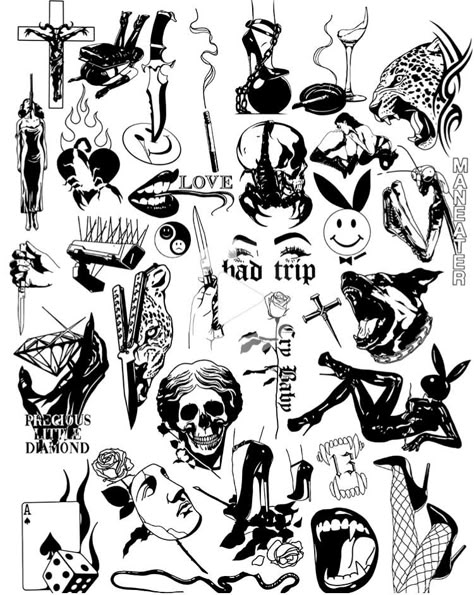 Tattoo Dotwork, Flash Tattoo Designs, Tattoo Flash Sheet, Doodle Tattoo, Creepy Tattoos, Old School Tattoo Designs, Tattoo Old School, Tattoo Art Drawings, Dark Tattoo