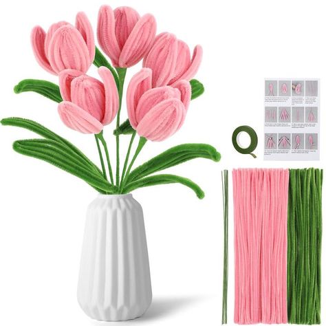 PRICES MAY VARY. Pipe Cleaner Craft Set: 100 pink pipe cleaners, 30 green pipe cleaners, 7 flower stems, 6 hot glue sticks, green floral tape, guide instructions. The pipe cleaners are beautifully colored and suitable for making bouquets. The quantity is sufficient, and the set is enough to make 5 pipe cleaner bouquets. Detailed Instructions: These pipe cleaner kits can be used to make bouquets, and the set contains easy-to-understand instructions. You can follow the video step by step to make a Pipe Cleaner Crafts For Adults, Pink Pipe, Making Bouquets, Hot Glue Sticks, Clean Flowers, Pipe Cleaner Flowers, Gift Crafts, Pipe Cleaner Crafts, Making A Bouquet