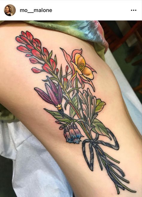 #colorado #flowertattoo #coloradowildflowers #bouquet Colored Bouquet Tattoo, Wyoming Wildflowers Tattoo, California Wildflowers Tattoo, Colorado Wildflowers Tattoo, Flower Tattoo Bouquet, Nature Sleeve, Wildflowers Tattoo, Colorado Tattoo, 2023 Tattoo