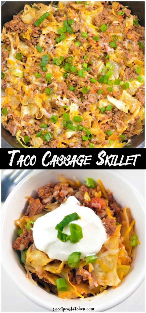 Taco Ground Beef and Cabbage Skillet Meal - Sweet Pea's Kitchen Ground Turkey Cabbage Skillet, Cabbage Taco Casserole, Cabbage Taco Skillet, Tacos With Cabbage, Taco Cabbage Skillet, Ground Beef Taco Cabbage Skillet, Cabbage And Ground Turkey Recipes, Ground Beef Cabbage Recipes, Beef And Cabbage Skillet