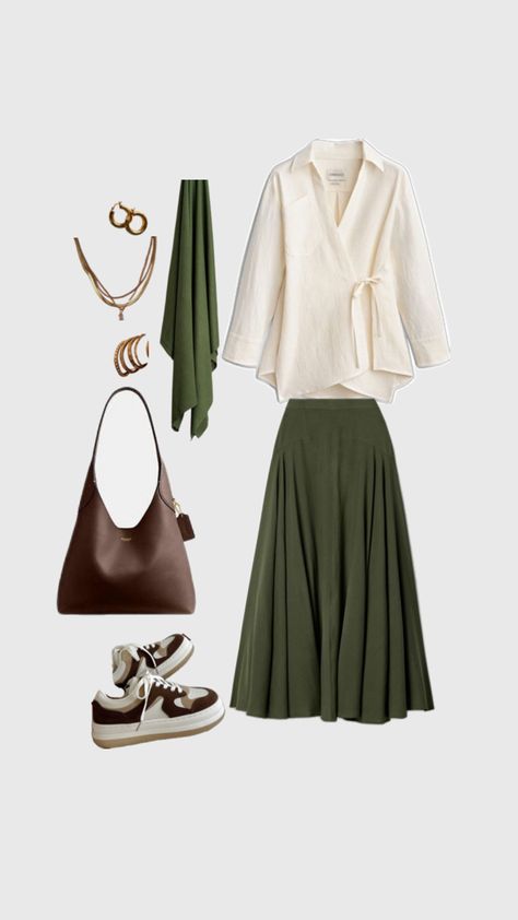 Olive green maxi skirt, cream blouse with olive hijab, cream-brown trainers, a deep brown shoulder bag with jewellery to complete the look. Green Maxi Skirt Outfit, Green Blouse Outfit, Olive Green Maxi Skirt, Green Skirt Outfits, Olive Green Outfit, Skirt Outfit Fall, Olive Green Skirt, Green Maxi Skirt, Olive Green Blouse