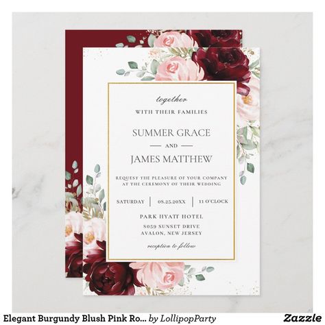 Pink And Burgundy Wedding, Green Leaves Watercolor, Blush Floral Wedding, Burgundy And Blush Wedding, Blush Pink Roses, Rose Gold Wedding Invitations, Burgundy Wedding Invitations, Blush Wedding Invitations, Pink Wedding Invitations