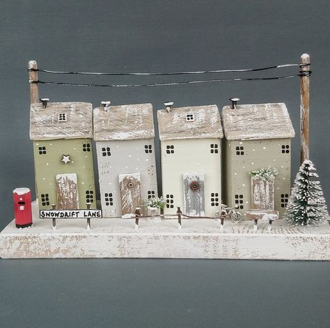 Snowdrift Lane | DriftwoodSails Scrap Wood Crafts, Small Wooden House, Diy Christmas Village, Christmas Village Houses, Driftwood Crafts, Christmas Town, Handmade Christmas Decorations, Small Houses, Christmas Villages